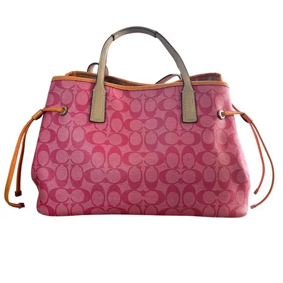 Coach Pink Signature Stripe Tote Bag Orange Trim Leather Handbag - Picture 3 of 14